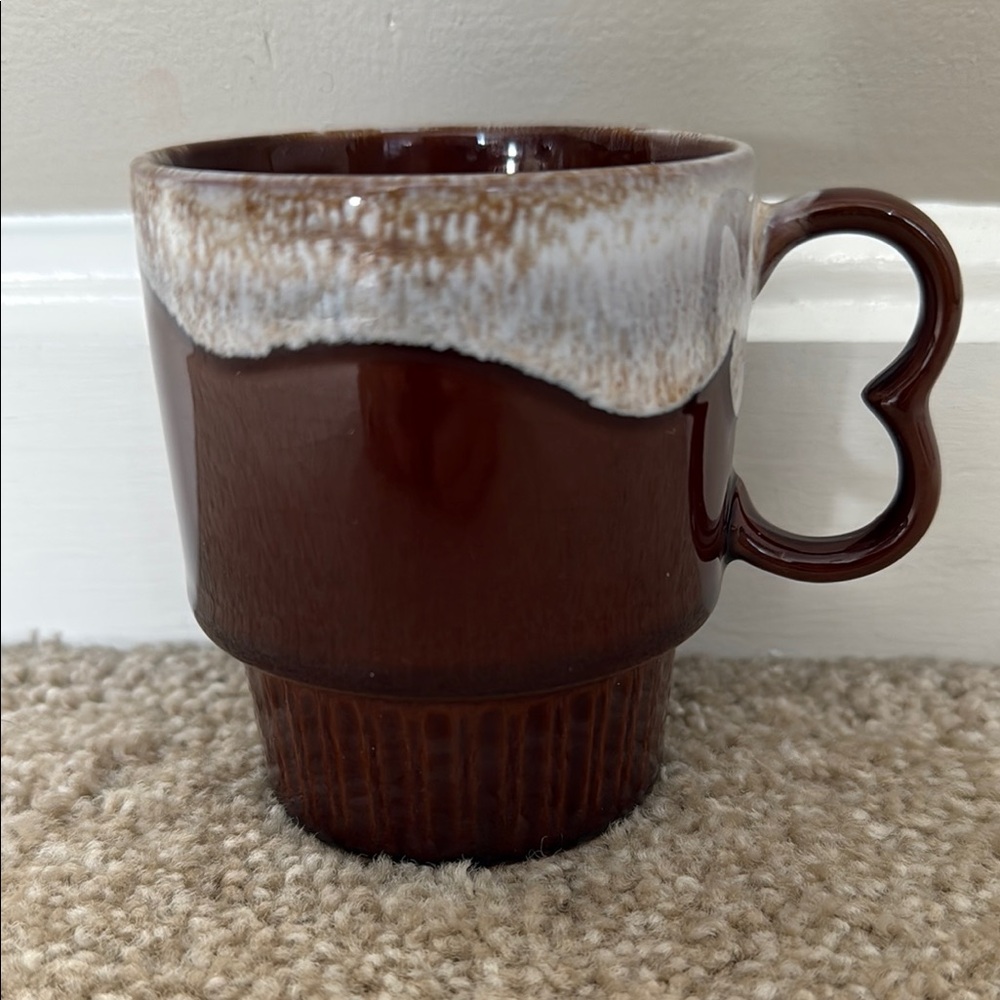 Vintage MADE IN JAPAN Brown Drip Glaze Mug With Heart Shaped Handle VGC